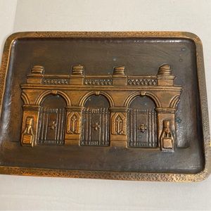 Vintage Copper Embossed Wall Hanging, Patina, Arches With Crosses 7”x10”